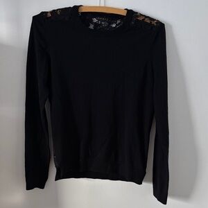 Theory Black Lace-Shoulder Crewneck Sweater